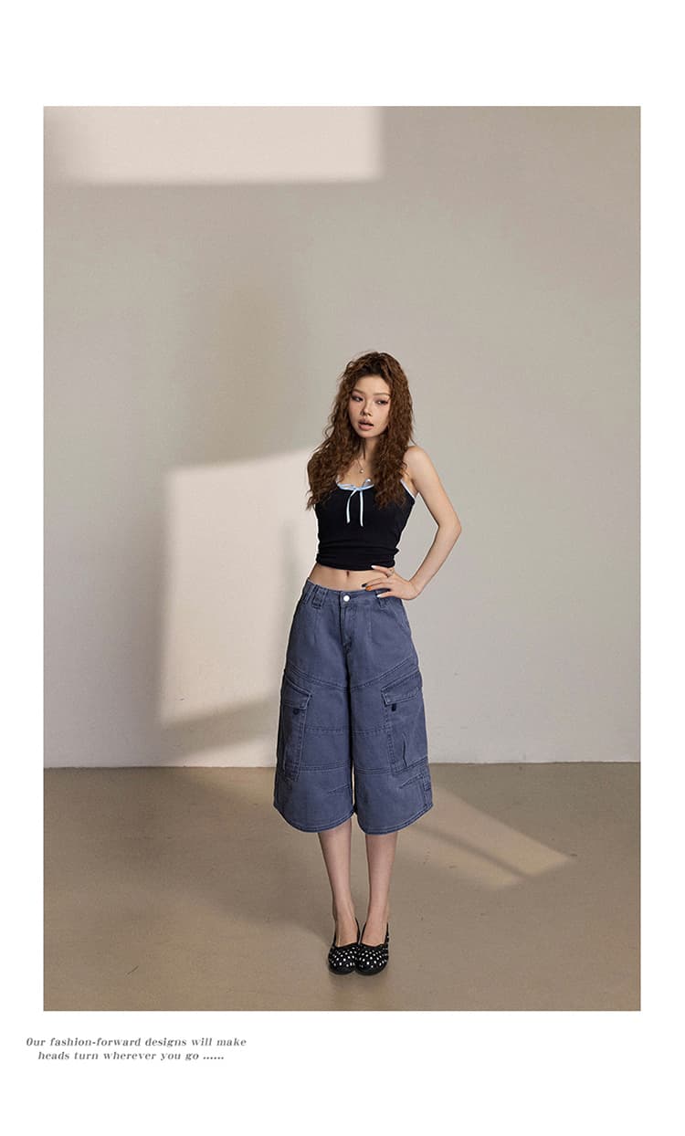 일본 싱글 여름 레트로 워크웨어 데님 7부 바지 3 차원 빅 포켓 디자인 넓은 다리 아메리칸 트렌드 바지 상세 이미지 14