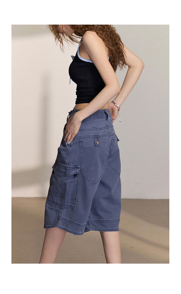 일본 싱글 여름 레트로 워크웨어 데님 7부 바지 3 차원 빅 포켓 디자인 넓은 다리 아메리칸 트렌드 바지 상세 이미지 17