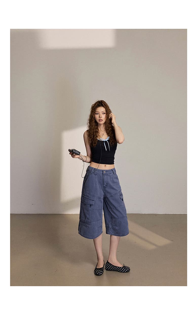 일본 싱글 여름 레트로 워크웨어 데님 7부 바지 3 차원 빅 포켓 디자인 넓은 다리 아메리칸 트렌드 바지 상세 이미지 18
