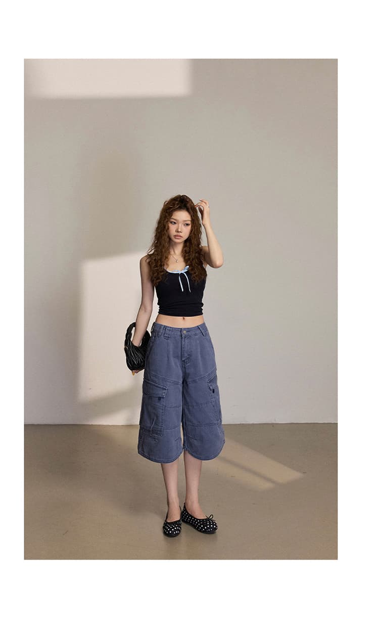 일본 싱글 여름 레트로 워크웨어 데님 7부 바지 3 차원 빅 포켓 디자인 넓은 다리 아메리칸 트렌드 바지 상세 이미지 19