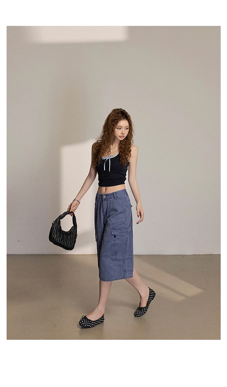 일본 싱글 여름 레트로 워크웨어 데님 7부 바지 3 차원 빅 포켓 디자인 넓은 다리 아메리칸 트렌드 바지 상세 이미지 20