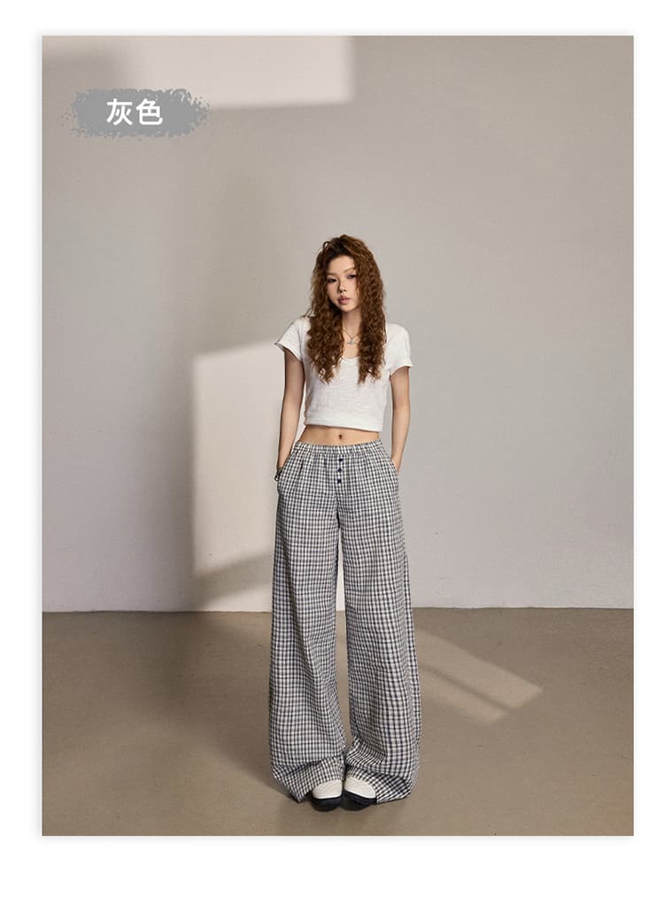 일본 싱글 레트로 루즈핏 체크무늬 와이드 레깅스 바지 기타 단추 디자인 둘 색상 입력 느긋한 슬림해 보이는 스트레이트 캐주얼 바지 상세 이미지 8