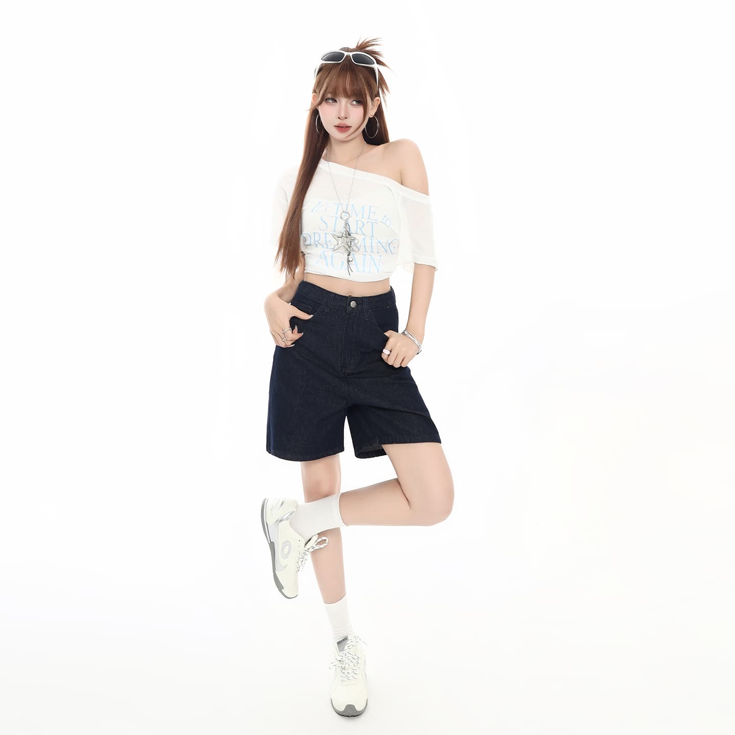 일본식 봄 여름 다용도 5 가지 색상 레트로 5 점 넓은 다리 청바지 여성 하이웨이스트 루즈핏 슬림해 보이는 캐주얼 반바지 이미지 4