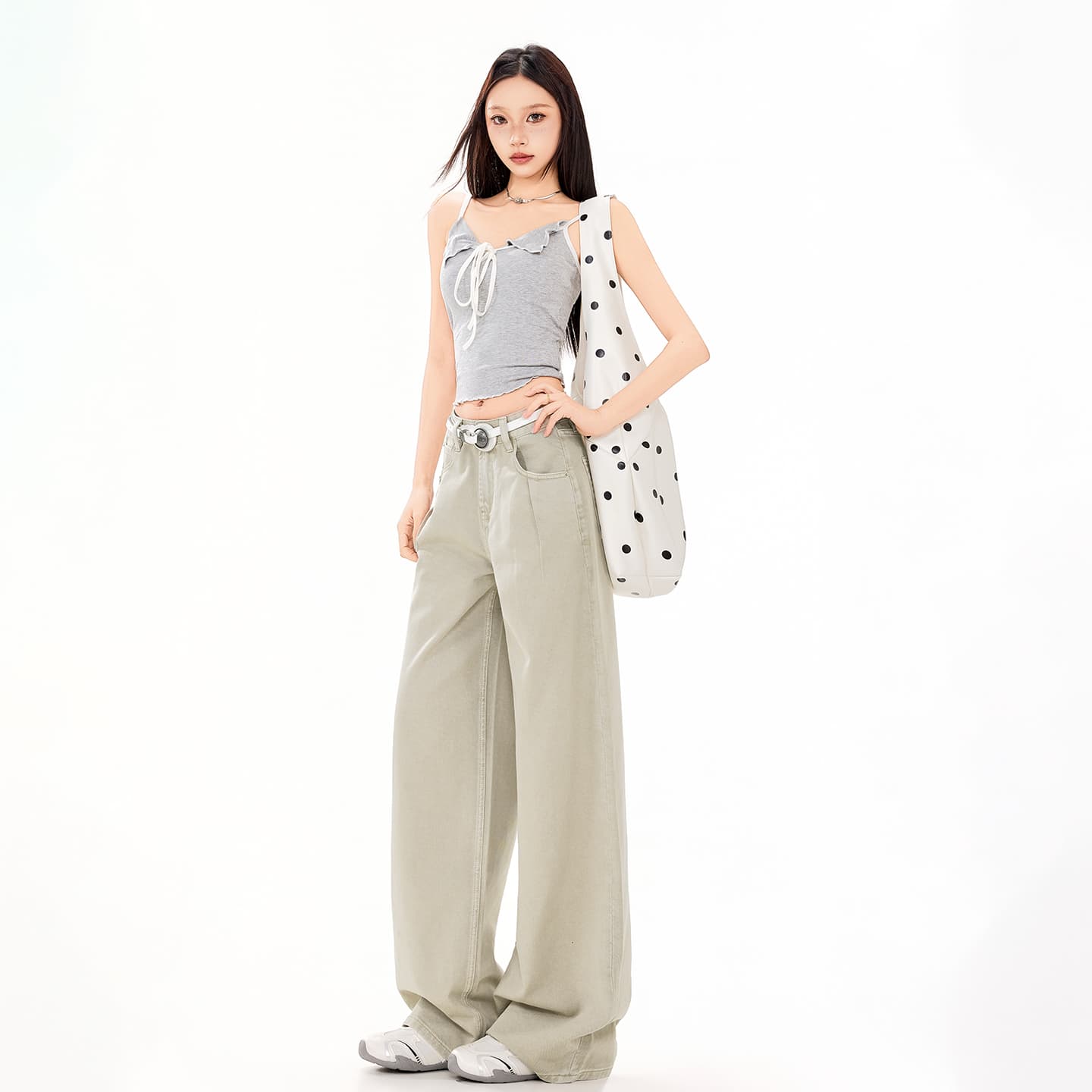 일본 싱글 느슨함 센스 순면 주름 와이드 레그 팬츠 여성 레트로 워싱 하이웨이스트 선택하지 마라. 다리 종류 데님 긴 바지 이미지 2