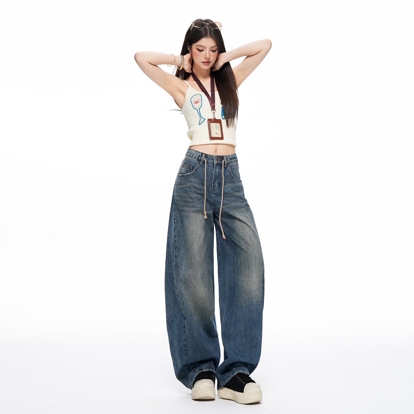 됐어. 개체 높은 품질 디자인 센스 펌프 로프 주름 청바지 여성 여름 아메리칸 레트로 하이웨이스트 슬림해 보이는 와이드 레그 팬츠 이미지 3
