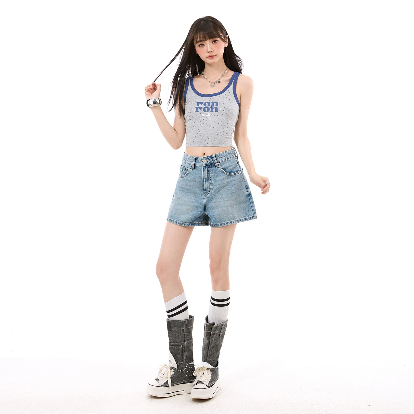 남쪽 기름 높은 품질 작은 키 아메리칸 하이웨이스트 넓은 다리 a 단어 반바지 워싱 마 오래된 슬림해 보이는 데님 뜨거운 반바지 이미지 4
