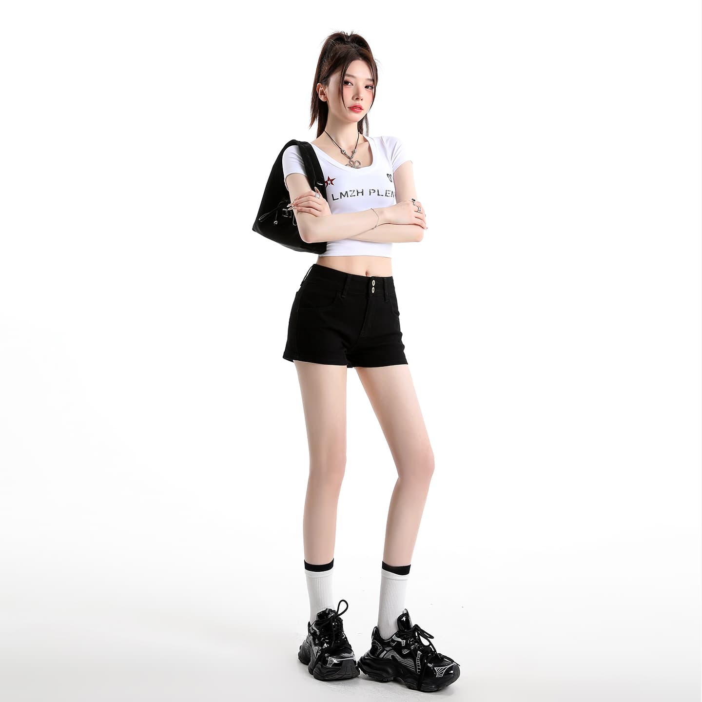 한 부서 작은 키 독점적 인 삼색 아메리칸 데님 핫 바지 하이웨이스트 몸매 가꾸기 핫걸 바람 워싱 슬림해 보이는 캐주얼 반바지 이미지 3