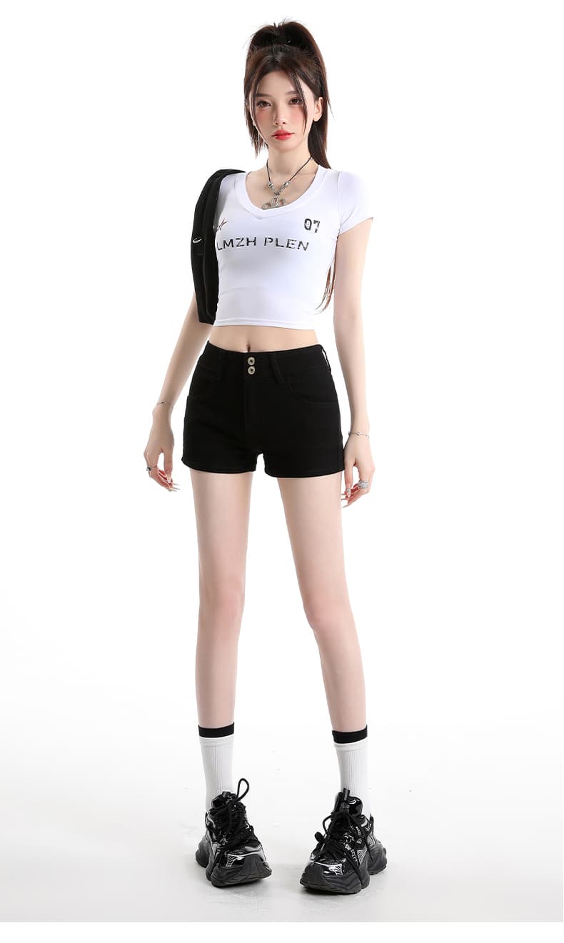 한 부서 작은 키 독점적 인 삼색 아메리칸 데님 핫 바지 하이웨이스트 몸매 가꾸기 핫걸 바람 워싱 슬림해 보이는 캐주얼 반바지 상세 이미지 12