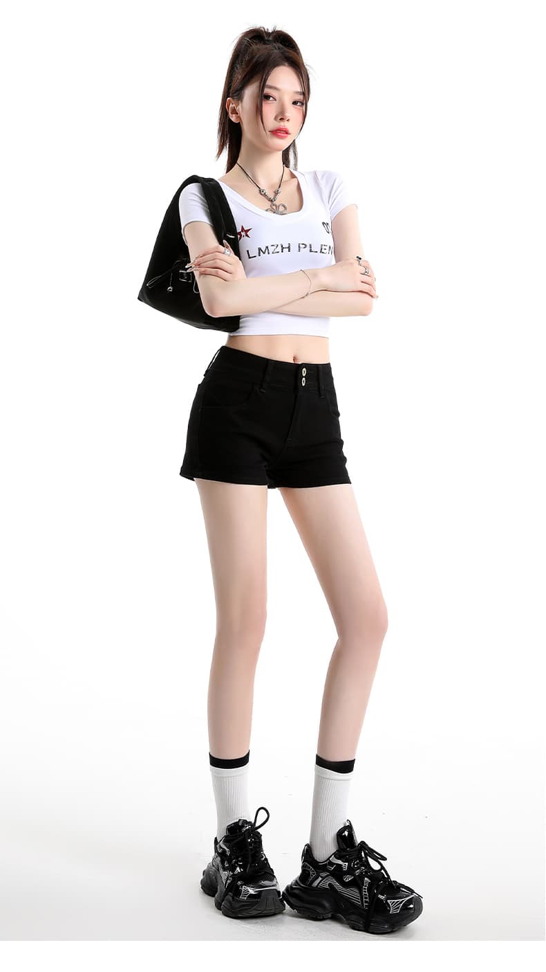 한 부서 작은 키 독점적 인 삼색 아메리칸 데님 핫 바지 하이웨이스트 몸매 가꾸기 핫걸 바람 워싱 슬림해 보이는 캐주얼 반바지 상세 이미지 14