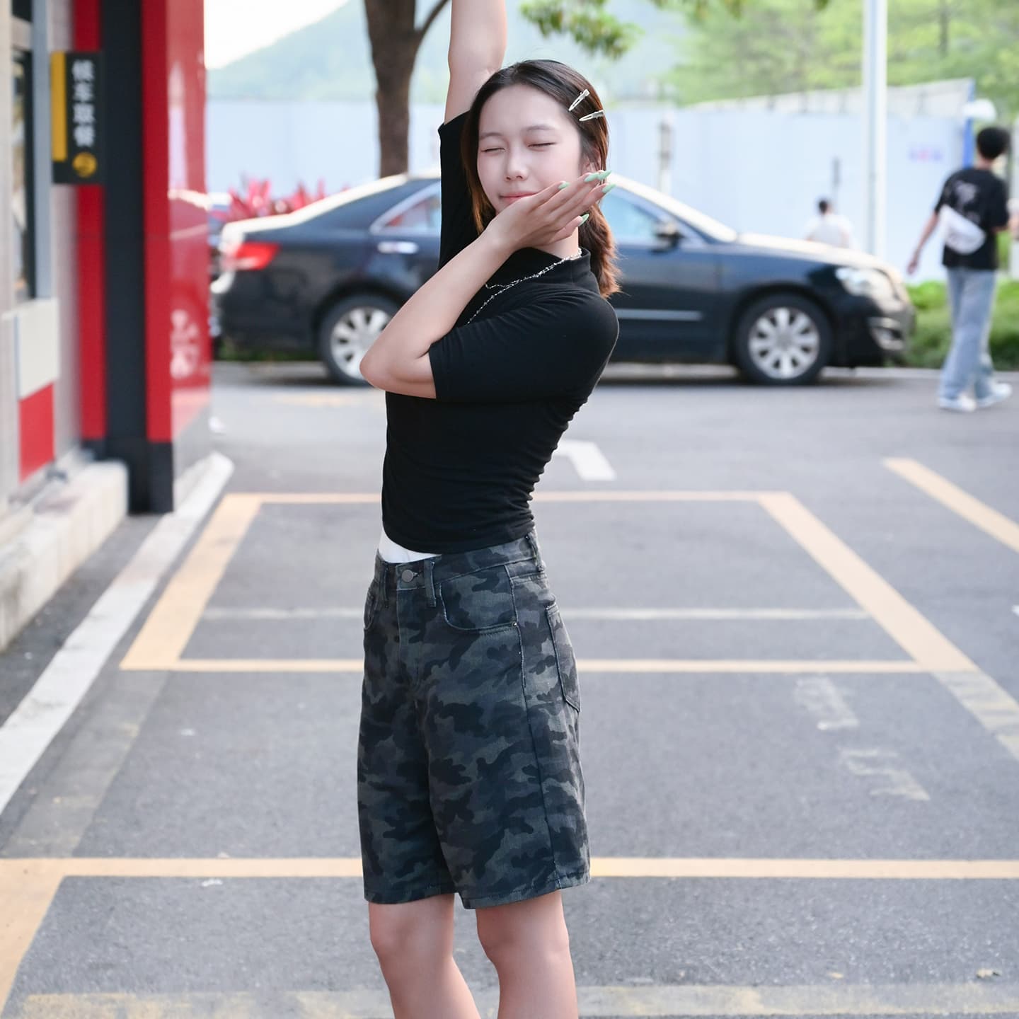 생방송 봄 여름 기타 색상 시스템 하이웨이스트 5 점 데님 바지 여성 레트로 루즈핏 넓은 다리 작은 키 디스플레이 높음 반바지 이미지 4