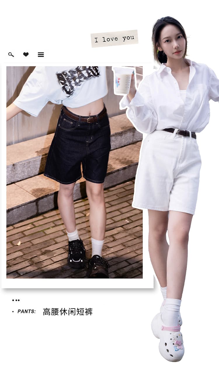 생방송 봄 여름 기타 색상 시스템 하이웨이스트 5 점 데님 바지 여성 레트로 루즈핏 넓은 다리 작은 키 디스플레이 높음 반바지 상세 이미지 1