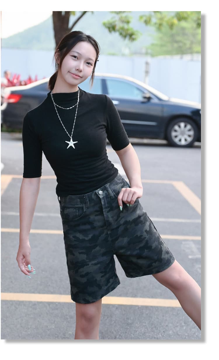 생방송 봄 여름 기타 색상 시스템 하이웨이스트 5 점 데님 바지 여성 레트로 루즈핏 넓은 다리 작은 키 디스플레이 높음 반바지 상세 이미지 20