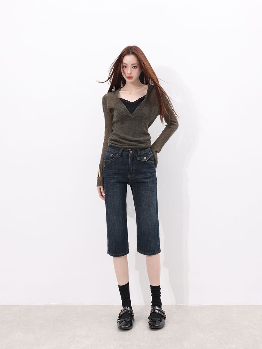 한 부서 여름 인기도 섹션 미니멀리즘 프랑스식 품격 클래식 단 닝 레트로 배경 색상 천년기 거리 7부 바지 이미지 4