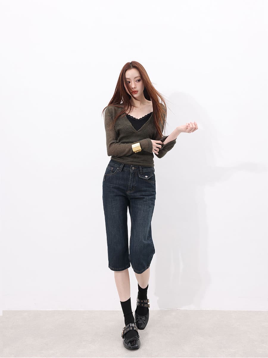 한 부서 여름 인기도 섹션 미니멀리즘 프랑스식 품격 클래식 단 닝 레트로 배경 색상 천년기 거리 7부 바지 이미지 3