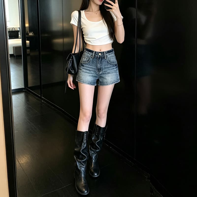 흔들어서 톤 생방송 폭발 맞춤 자수 표준 스트레이트 레트로 블루 데님 반바지 여성 2026 새로운 슬림해 보이는 핫걸 핫 바지 상세 이미지 3