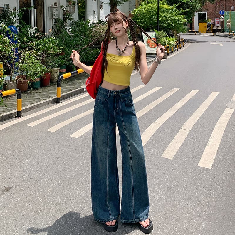 한 부서 하늘색 레트로 넓은 다리 청바지 여성 새로운 하이웨이스트 슬림해 보이는 도루 센스 허리 수축 배 모양 몸 플러스 긴 바지