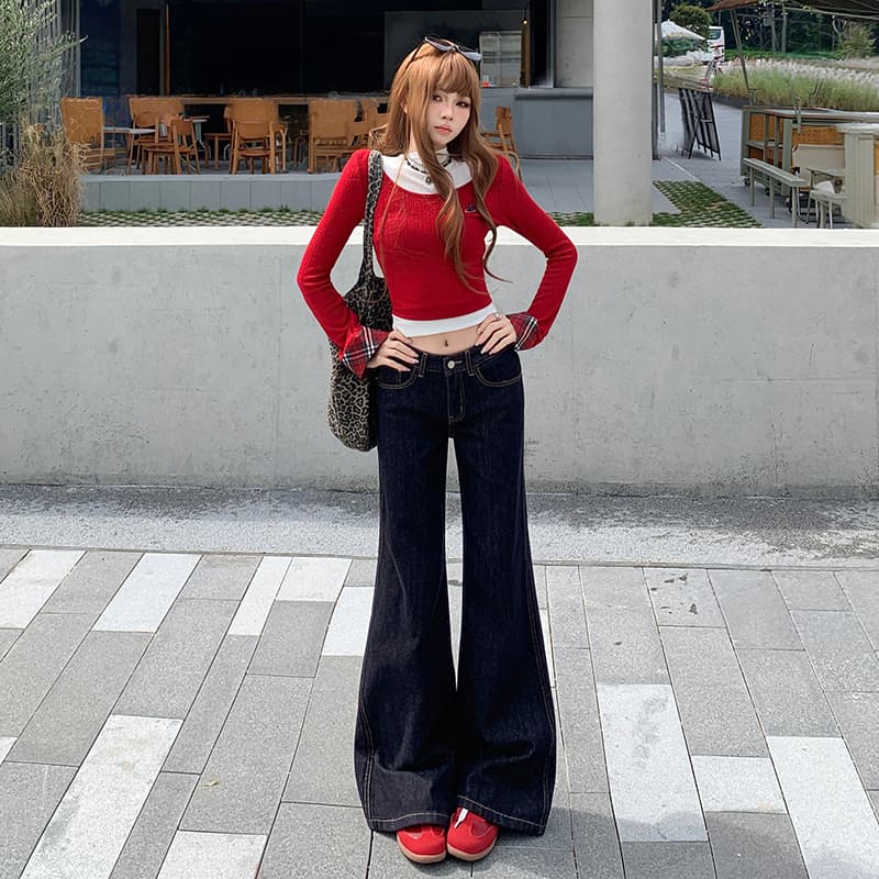 흔들어서 톤 폭발 레트로 단 닝 진한 파란색 부츠컷 바지 여성 아메리칸 워싱 마 오래된 도루 센스 캐주얼 스트레이트 나팔 바지 이미지 2