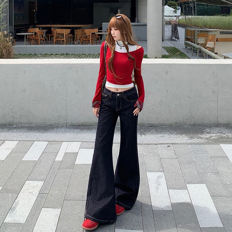 흔들어서 톤 폭발 레트로 단 닝 진한 파란색 부츠컷 바지 여성 아메리칸 워싱 마 오래된 도루 센스 캐주얼 스트레이트 나팔 바지 이미지 3