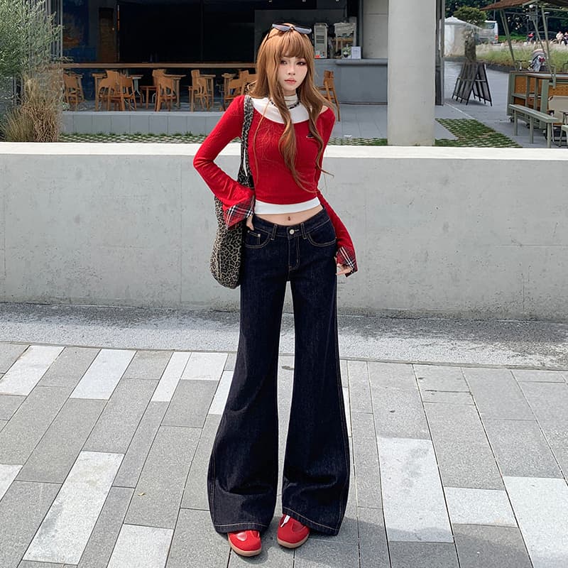 흔들어서 톤 폭발 레트로 단 닝 진한 파란색 부츠컷 바지 여성 아메리칸 워싱 마 오래된 도루 센스 캐주얼 스트레이트 나팔 바지