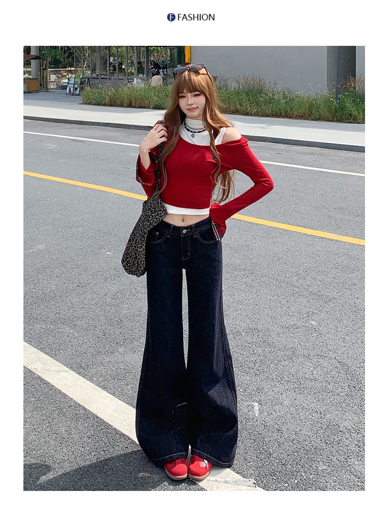 흔들어서 톤 폭발 레트로 단 닝 진한 파란색 부츠컷 바지 여성 아메리칸 워싱 마 오래된 도루 센스 캐주얼 스트레이트 나팔 바지 상세 이미지 6
