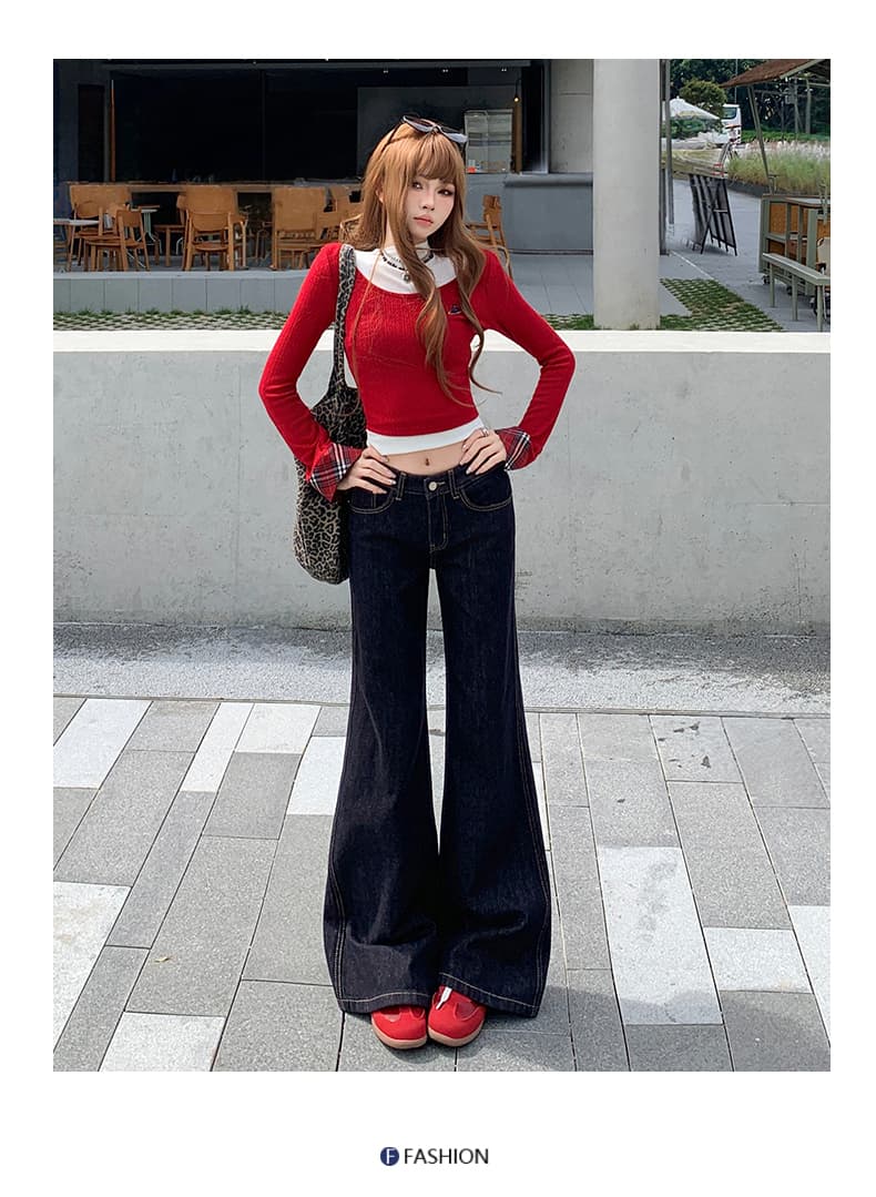 흔들어서 톤 폭발 레트로 단 닝 진한 파란색 부츠컷 바지 여성 아메리칸 워싱 마 오래된 도루 센스 캐주얼 스트레이트 나팔 바지 상세 이미지 10