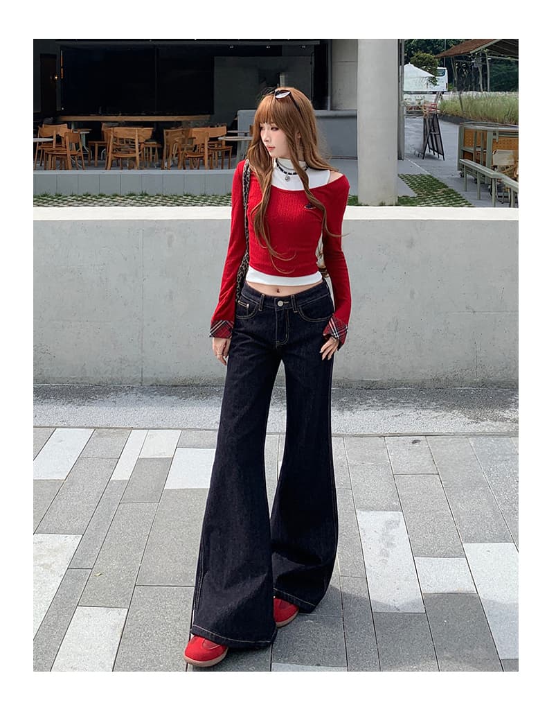 흔들어서 톤 폭발 레트로 단 닝 진한 파란색 부츠컷 바지 여성 아메리칸 워싱 마 오래된 도루 센스 캐주얼 스트레이트 나팔 바지 상세 이미지 11