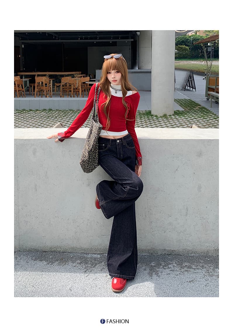 흔들어서 톤 폭발 레트로 단 닝 진한 파란색 부츠컷 바지 여성 아메리칸 워싱 마 오래된 도루 센스 캐주얼 스트레이트 나팔 바지 상세 이미지 12