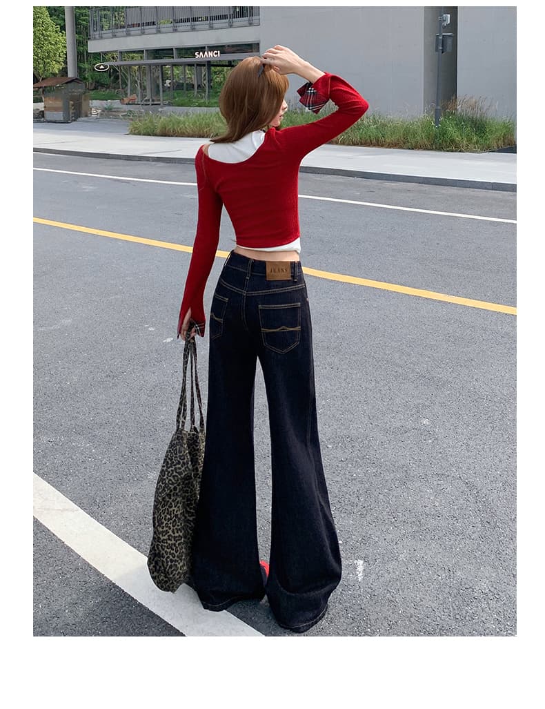 흔들어서 톤 폭발 레트로 단 닝 진한 파란색 부츠컷 바지 여성 아메리칸 워싱 마 오래된 도루 센스 캐주얼 스트레이트 나팔 바지 상세 이미지 15