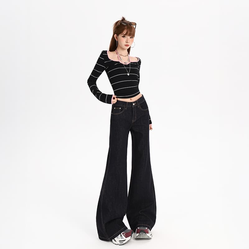 생방송 중년 아메리칸 진한 파란색 단 닝 플레어 바지 플러스 긴 바지 길다 아니요 막대기 다리 표지 고기 스트레이트 데님 긴 바지 이미지 4