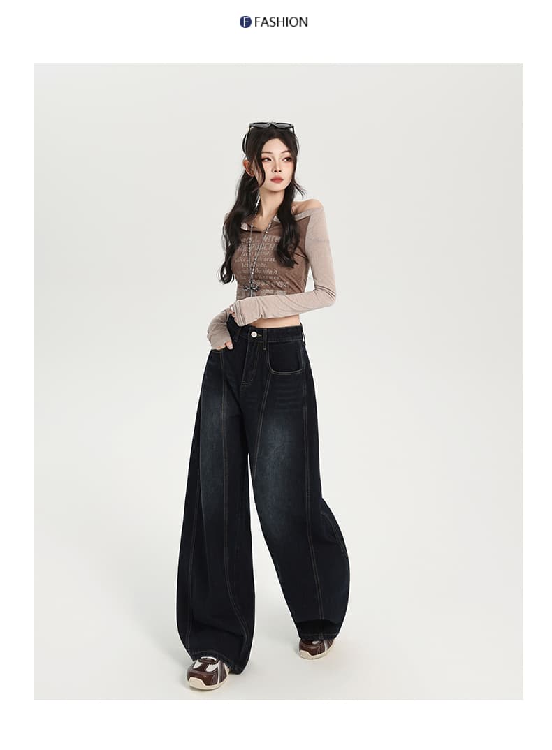 일본식 워싱 마 오래된 자수 모통이 칼 스트레이트 팬츠 여성 아메리칸 높음 거리 새로운 하이웨이스트 데님 넓은 다리 바닥 청소 긴 바지 상세 이미지 8