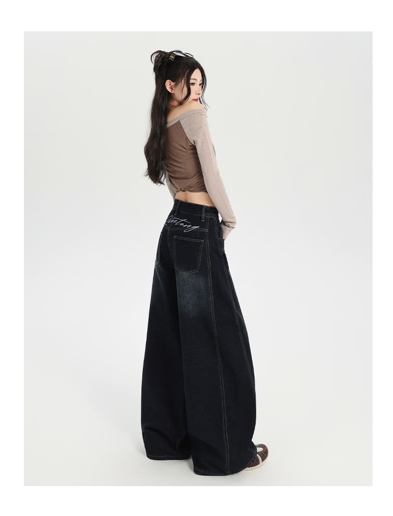 일본식 워싱 마 오래된 자수 모통이 칼 스트레이트 팬츠 여성 아메리칸 높음 거리 새로운 하이웨이스트 데님 넓은 다리 바닥 청소 긴 바지 상세 이미지 9