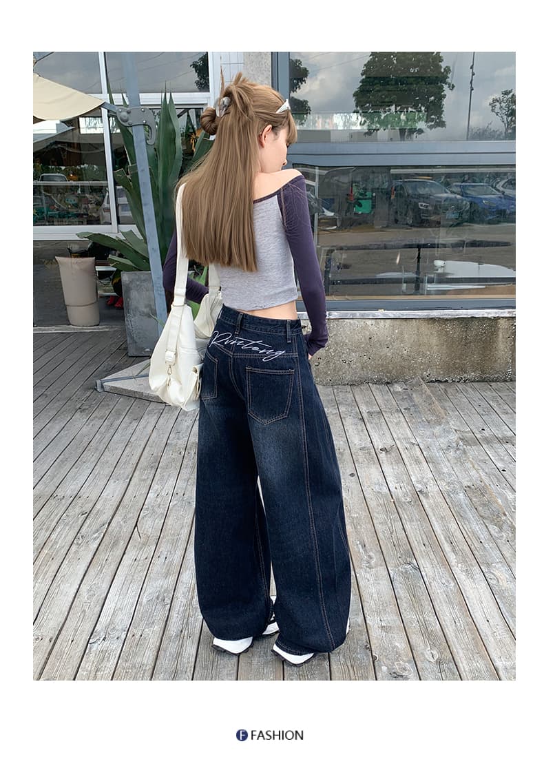 한 부서 워싱 마 오래된 뒤로 자수 모통이 칼 스트레이트 팬츠 여성 아메리칸 하이웨이스트 다용도 데님 넓은 다리 바닥 청소 긴 바지 상세 이미지 11