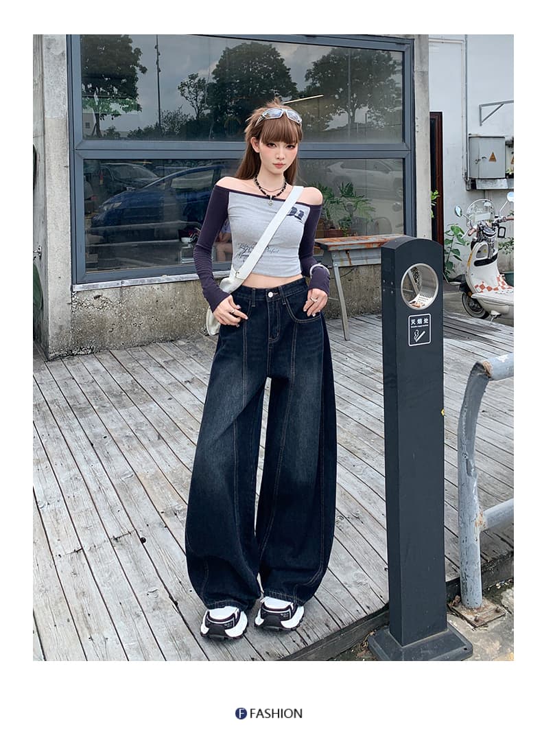 한 부서 워싱 마 오래된 뒤로 자수 모통이 칼 스트레이트 팬츠 여성 아메리칸 하이웨이스트 다용도 데님 넓은 다리 바닥 청소 긴 바지 상세 이미지 12