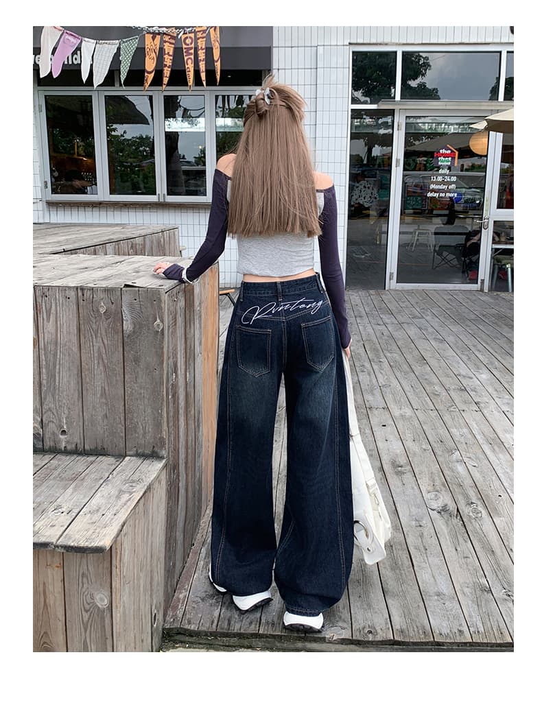 한 부서 워싱 마 오래된 뒤로 자수 모통이 칼 스트레이트 팬츠 여성 아메리칸 하이웨이스트 다용도 데님 넓은 다리 바닥 청소 긴 바지 상세 이미지 13
