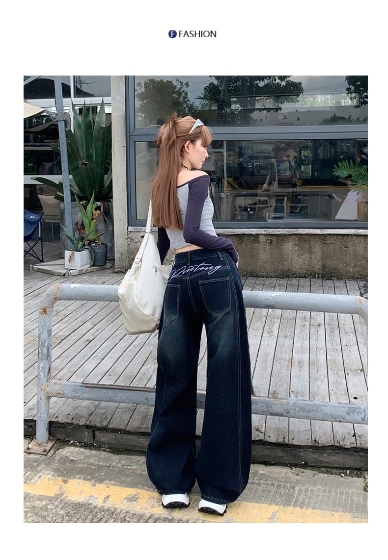 한 부서 워싱 마 오래된 뒤로 자수 모통이 칼 스트레이트 팬츠 여성 아메리칸 하이웨이스트 다용도 데님 넓은 다리 바닥 청소 긴 바지 상세 이미지 16