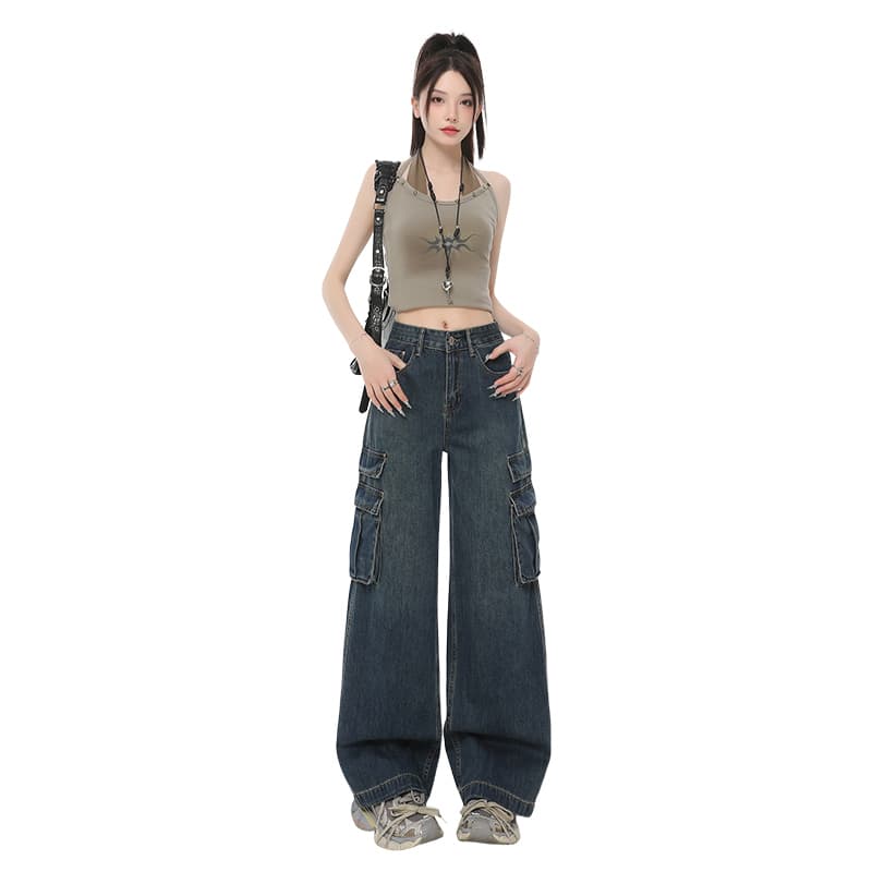 일본 싱글 마 오래된 레트로 블루 워크웨어 스트레이트 청바지 여성 아메리칸 거리 하이웨이스트 도루 센스 넓은 다리 길이 바지 이미지 5