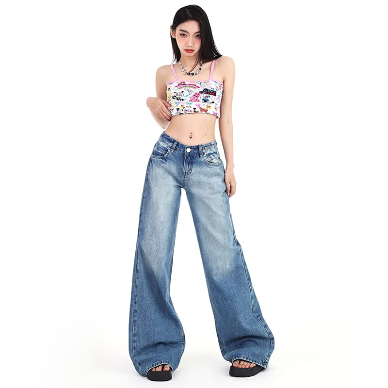 생방송 아메리칸 마 오래된 워싱 넓은 다리 바닥 청소 바지 여성 레트로 캐주얼 하이웨이스트 슬림해 보이는 스트레이트 데님 롱 바지 이미지 4