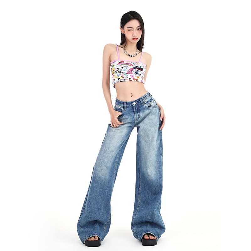 생방송 아메리칸 마 오래된 워싱 넓은 다리 바닥 청소 바지 여성 레트로 캐주얼 하이웨이스트 슬림해 보이는 스트레이트 데님 롱 바지 이미지 2