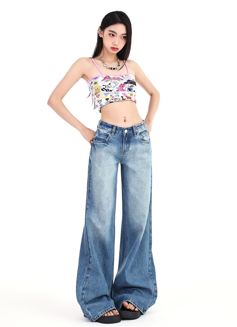생방송 아메리칸 마 오래된 워싱 넓은 다리 바닥 청소 바지 여성 레트로 캐주얼 하이웨이스트 슬림해 보이는 스트레이트 데님 롱 바지 상세 이미지 14
