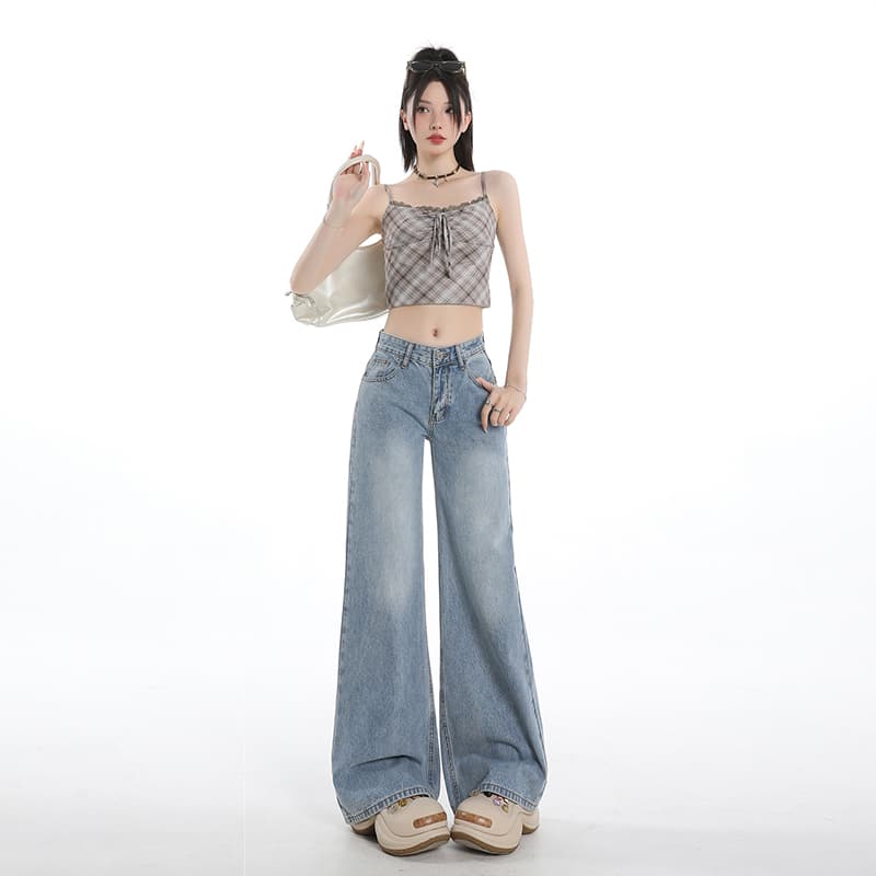 됐어. 개체 높은 품질 하늘색 로우 웨이스트 부츠컷 데님 긴 바지 아메리칸 루즈핏 아니요 막대기 다리 도루 센스 길이 연장 나팔 바지 이미지 3