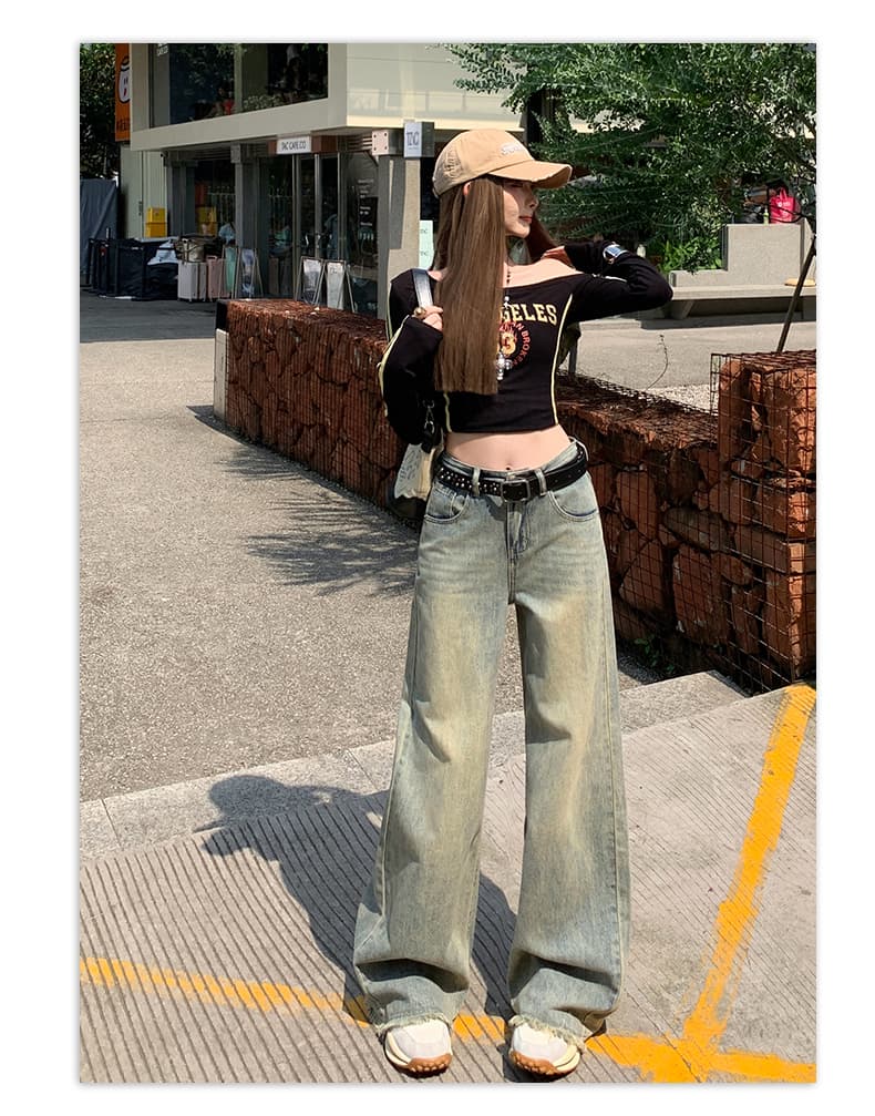 생방송 조수 브랜드 아메리칸 거친 가장자리 넓은 다리 청바지 워싱 마 오래된 공예 하이웨이스트 수정 다리 종류 스트레이트 긴 바지 상세 이미지 9