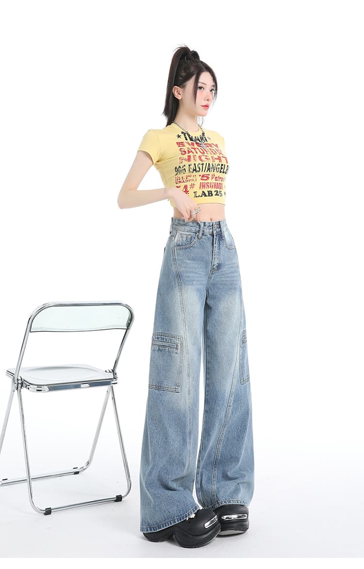 일본식 아메리칸 높음 거리 바람 파란색 워크웨어 청바지 하이웨이스트 표지 넓적 다리 슬림해 보이는 일상 다용도 길이 연장 바닥 청소 바지 상세 이미지 15