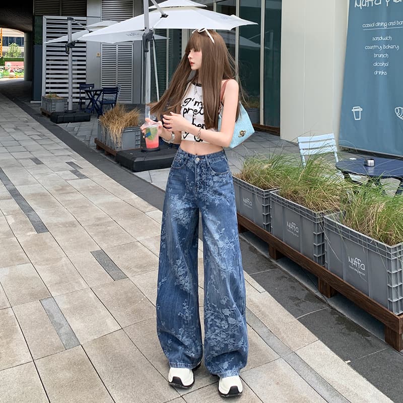 생방송 레트로 화칭 블루 자카드 질감 청바지 하이웨이스트 아니요 막대기 다리 배 모양 슬림해 보이는 길이 연장 스트레이트 바닥 청소 바지 이미지 2