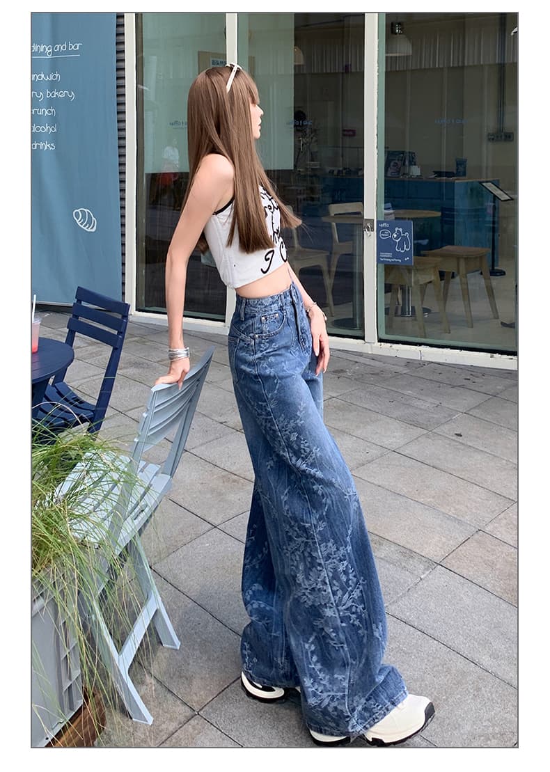 생방송 레트로 화칭 블루 자카드 질감 청바지 하이웨이스트 아니요 막대기 다리 배 모양 슬림해 보이는 길이 연장 스트레이트 바닥 청소 바지 상세 이미지 14