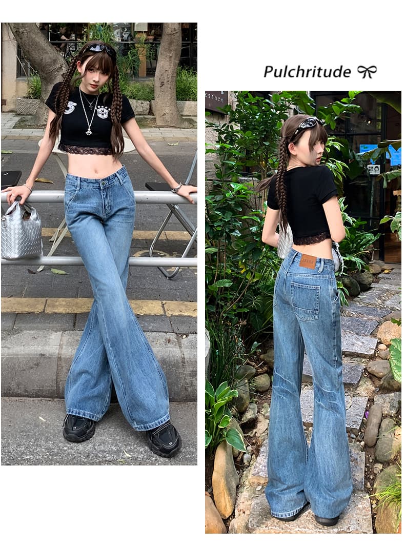남쪽 기름 높은 품질 작은 대중 아메리칸 레트로 로우 웨이스트 부츠컷 청바지 하이웨이스트 스트레이트 바닥 청소 슬림해 보이는 다용도 바지 상세 이미지 6
