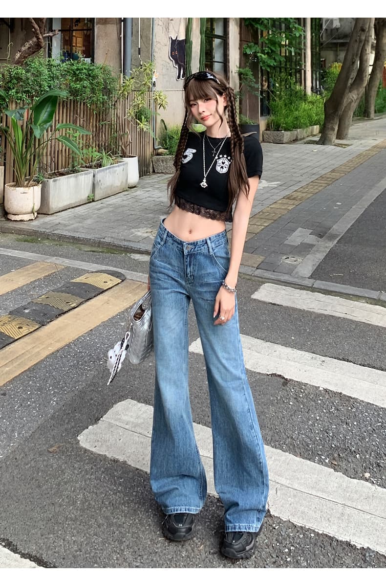 남쪽 기름 높은 품질 작은 대중 아메리칸 레트로 로우 웨이스트 부츠컷 청바지 하이웨이스트 스트레이트 바닥 청소 슬림해 보이는 다용도 바지 상세 이미지 7