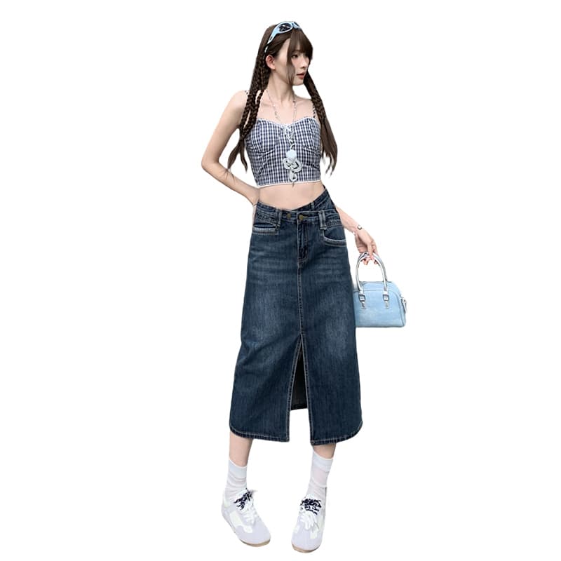 생방송 여름 분위기 센스 트임 데님 반신 스커트 여성 디자인 센스 등 허리 자르기 하이웨이스트 한 마디 타이트 스커트 중간 스커트 이미지 5