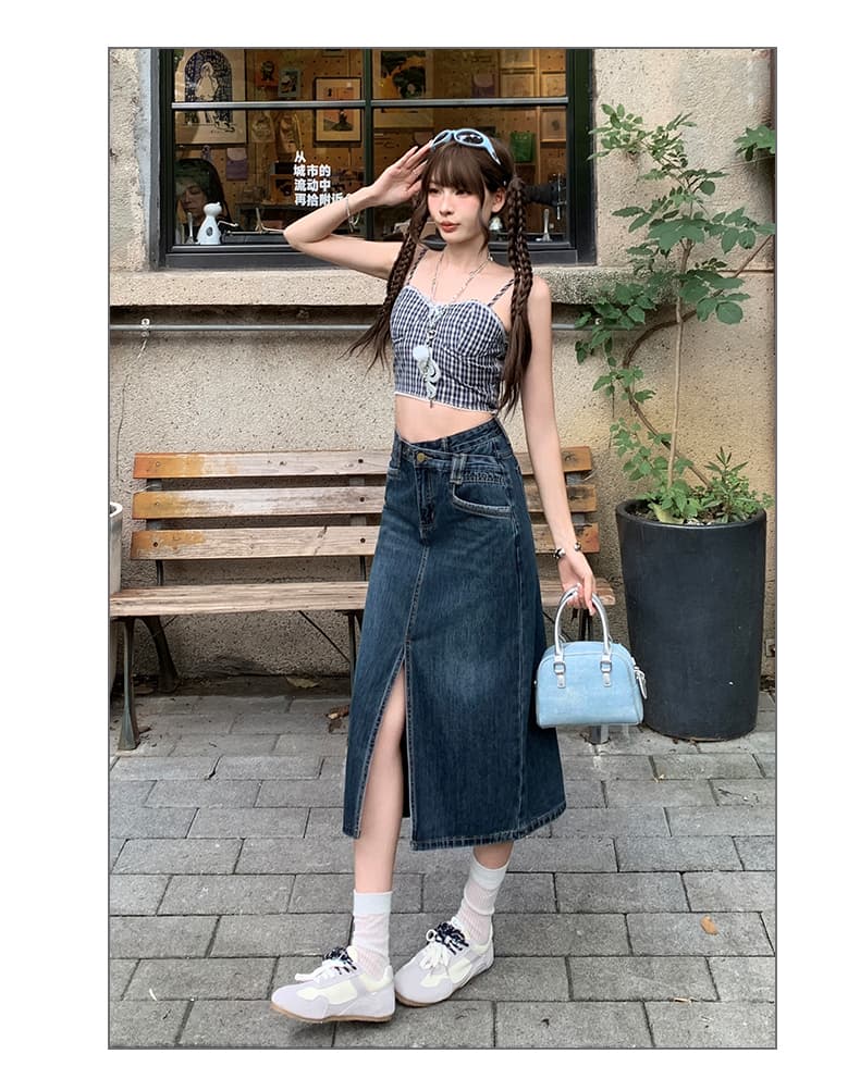 생방송 여름 분위기 센스 트임 데님 반신 스커트 여성 디자인 센스 등 허리 자르기 하이웨이스트 한 마디 타이트 스커트 중간 스커트 상세 이미지 6