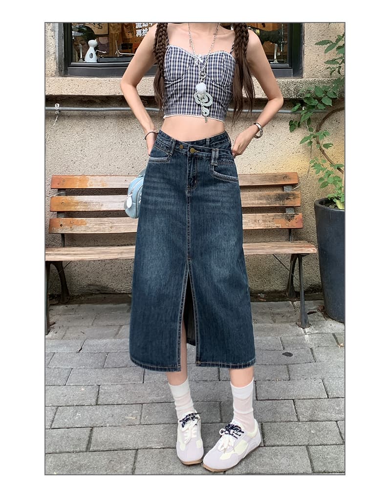 생방송 여름 분위기 센스 트임 데님 반신 스커트 여성 디자인 센스 등 허리 자르기 하이웨이스트 한 마디 타이트 스커트 중간 스커트 상세 이미지 8