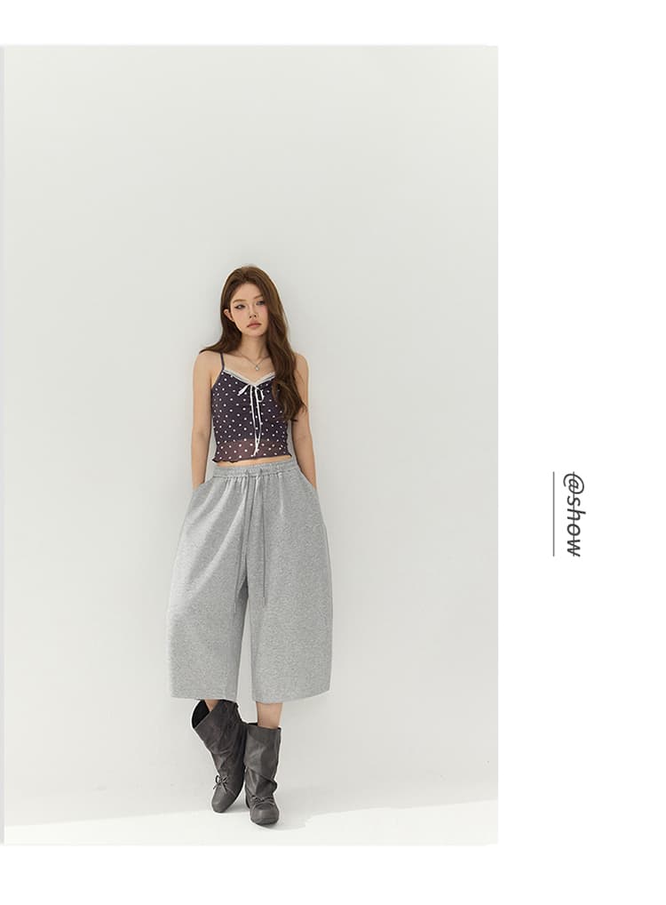 남쪽 기름 높은 품질 아메리칸 레트로 느긋한 바람 펌프 로프 캐주얼 7부 바지 삼색 밴딩 하이웨이스트 표지 고기 와이드 레그 팬츠 상세 이미지 12